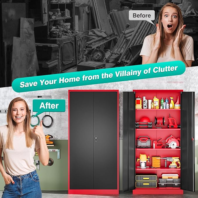 SISESOL Wide & Deep Metal Storage Cabinet with Lock & Adjustable Shelves,72" Red Black Garage Storage Cabinet with Locking Doors,Lockable Cabinets for Home,Office,Shop,Garage,Basement 72x36x18