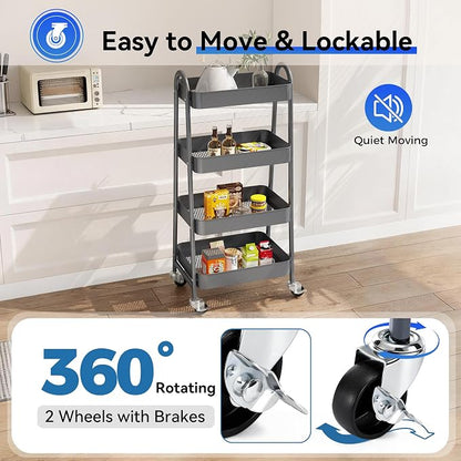 OLIXIS Metal 4 Tiers Utility Rolling Cart, Mobile Storage Shelf with Lockable Caster Wheels, Organization for Livingroom, Bathroom & Narrow Places, 4-Tier Gray