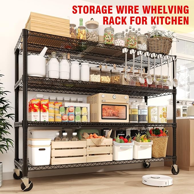 GarveeLife 72" H Storage Shelves with Wheels 2640 LBS Heavy Duty Metal Shelving 4-Tier Wire Shelving for Corner Storage Rack Adjustable Pantry Shelf for Kitchen Pantry, 72" H x 59" W x 17.7" D