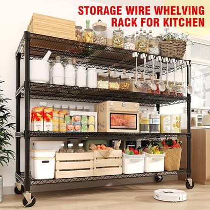 GarveeLife 72" H Storage Shelves with Wheels 2640 LBS Heavy Duty Metal Shelving 4-Tier Wire Shelving for Corner Storage Rack Adjustable Pantry Shelf for Kitchen Pantry, 72" H x 59" W x 17.7" D