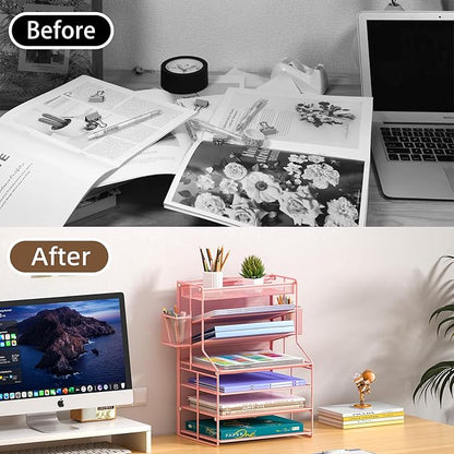 7 Tier Desk File Organizer,Metal Document Holder with Adjustable Shelves, Pull-Out Drawer & Removable Pen Holder for Office Organization,Pink
