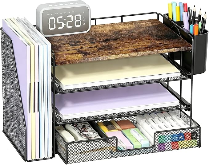 OPNICE Wood Desk Organizers and Accessories, 4-Tier Desktop File Organizer with Drawer and 2 Pen Holders, Office Desk Accessories Workspace Organizers for Office Supplies(Wood)