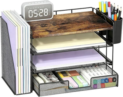 OPNICE Wood Desk Organizers and Accessories, 4-Tier Desktop File Organizer with Drawer and 2 Pen Holders, Office Desk Accessories Workspace Organizers for Office Supplies(Wood)