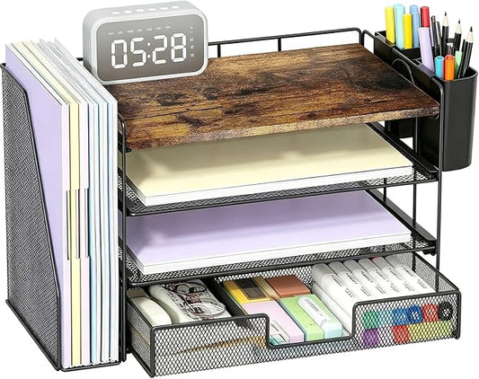 OPNICE Wood Desk Organizers and Accessories, 4-Tier Desktop File Organizer with Drawer and 2 Pen Holders, Office Desk Accessories Workspace Organizers for Office Supplies(Wood)