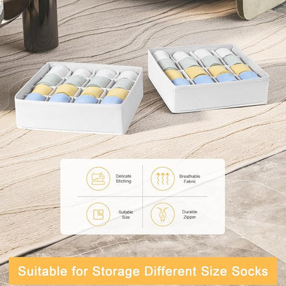 Joyoldelf Sock Drawer Organizer Divider, 16-Cell Underwear Organizers and Storage Fabric Drawer Organizer for Socks, Lingerie, Handkerchiefs, Ties Black, 2 Packs (White)