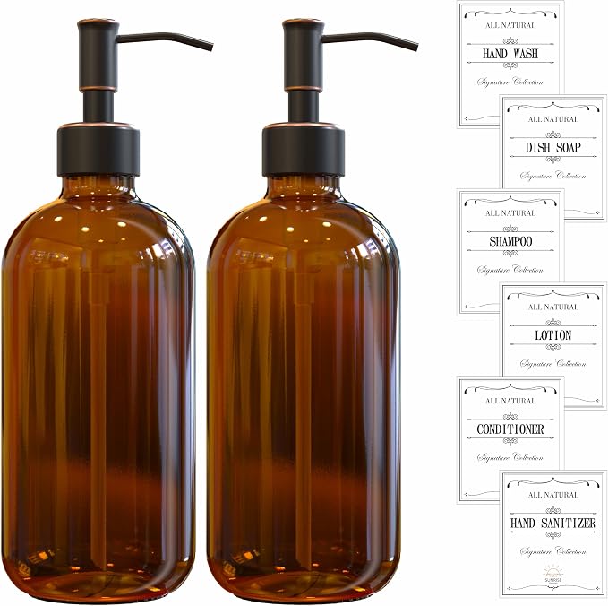 Sunrise Premium 2 Pack Amber Glass Soap Dispenser 16 OZ with Oil Rubbed Bronze Stainless Steel Pump, Hand and Dish Soap Dispenser Set for Bathroom and Kitchen Sink with 6 Waterproof Labels