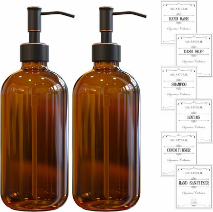 Sunrise Premium 2 Pack Amber Glass Soap Dispenser 16 OZ with Oil Rubbed Bronze Stainless Steel Pump, Hand and Dish Soap Dispenser Set for Bathroom and Kitchen Sink with 6 Waterproof Labels