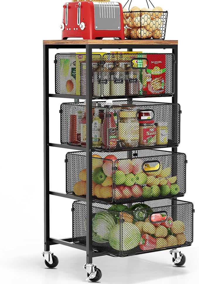 Goovilla Kitchen Cart with Drawers, 4 Tier Metal Rolling Utility Cart Organizer on Lockable Wheels with Wooden Top, Black Fruit Vegetable Storage Rack Also for Cans, Snack, Craft, Art, Office, Beauty