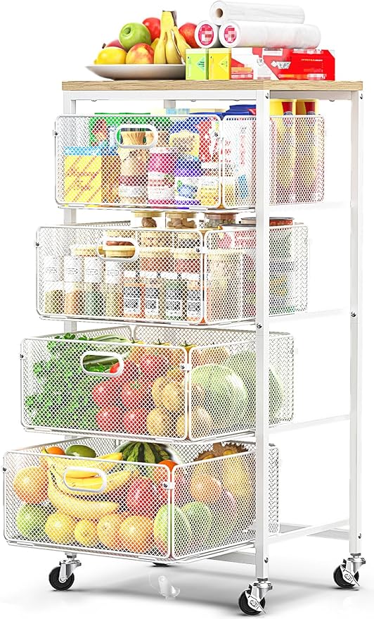 SUNALLY Rolling Kitchen Cart with Drawers, 4-Tier Utility Cart Fruit Vegetable Storage Cart with Lockable Wheels, Wooden Top Metal Kitchen Storage Organizer for Cans, Snacks, Beauty, Craft, Art, White