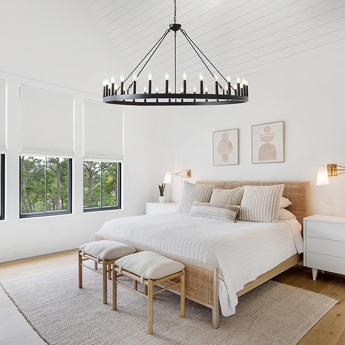 53 Inch Black Extra Large Wagon Wheel Chandelier, 30-Lights Farmhouse Industrial Round High Ceiling Pendant Light Adjustable Chain, for Dining Room, Living Room