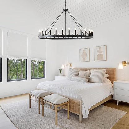 53 Inch Black Extra Large Wagon Wheel Chandelier, 30-Lights Farmhouse Industrial Round High Ceiling Pendant Light Adjustable Chain, for Dining Room, Living Room