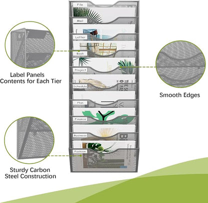 EasyPAG 10 Pocket Mesh Wall File Organizer, Hanging Paper Folder Holder with Classify Label, Vertical Wall Mount Mail Organizer for Office Home Classroom, Silver