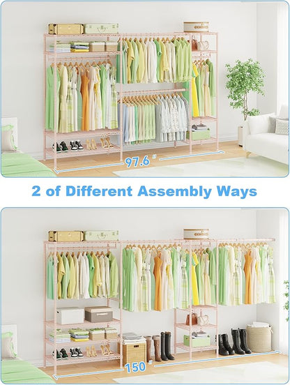 Ulif E11 Heavy-Duty Garment Rack, Metal Freestanding Clothes Rack and Closet Storage Organizer System with 8 Shelves and 4 Hanger Rods, (73.2-97.6)" W x 14.5" D x 71.2" H, Load 1034 LBS, Pink