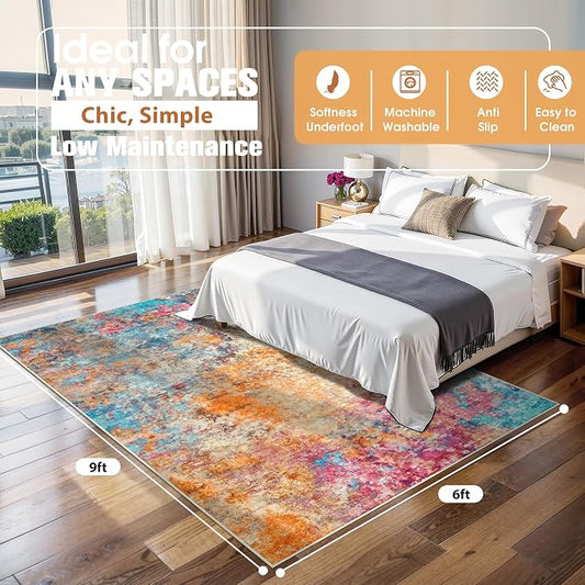 6x9 Area Rugs for Living Room Rug Washable: Abstract Rug for Dining Room Bedroom Carpet Non Slip 6 by 9 Indoor Modern Nursery Home Office Colorful