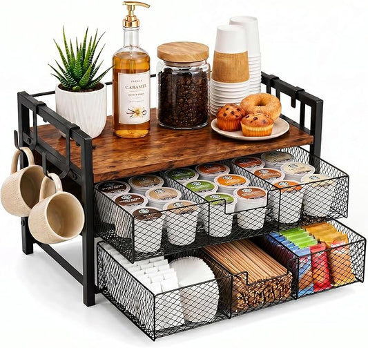 Coffee Station Organizer, Countertop Coffee Bar Holder with 2 Drawers, 4 Side Hooks, Holds 36 K Cups, Coffee Pods, Capsules, Rustic Brown Storage for Tea Bags, Syrup, Kitchen, Apartment, Home, Office