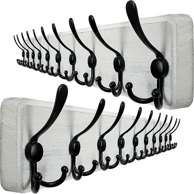 WEBI Coat Rack Wall Mounted,38 9/16" Long,10 Hooks,Wood Coat Hooks Wall Mounted Coat Hanger,Hook Rack Rail,Triple Hooks for Hanging Coats,Clothes,Jacket,Farmhouse,Black/White,2 Packs