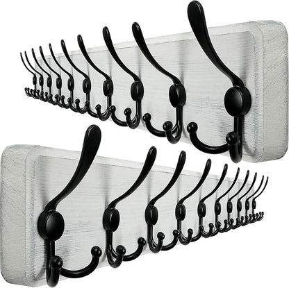 WEBI Coat Rack Wall Mounted,38 9/16" Long,10 Hooks,Wood Coat Hooks Wall Mounted Coat Hanger,Hook Rack Rail,Triple Hooks for Hanging Coats,Clothes,Jacket,Farmhouse,Black/White,2 Packs