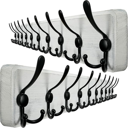 WEBI Coat Rack Wall Mounted,38 9/16" Long,10 Hooks,Wood Coat Hooks Wall Mounted Coat Hanger,Hook Rack Rail,Triple Hooks for Hanging Coats,Clothes,Jacket,Farmhouse,Black/White,2 Packs
