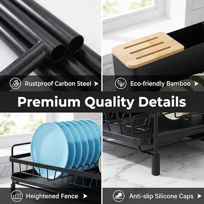 Large Extendable Dish Drying Rack with Bamboo Knife Holder, Rustproof Dish Drainer for Kitchen Counter, Adjustable 19"-27", Black