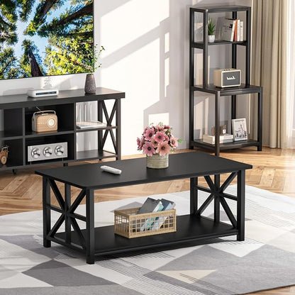 GreenForest Coffee Table with Round Corner, Farmhouse Center Table with 2-Tier Storage Shelf X-Frame Design for Living Room, 39 inch Black