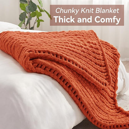Negwoo Chunky Knit Throw Blanket, 50''*60'' Fall Throw Blanket Knitted Chenille Yarn for Bed Couch, Handmade Orange Crochet Big Thick Blanket, Machine Washable Cute Comfy Blankets for Home Decor
