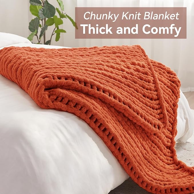 Negwoo Chunky Knit Throw Blanket, 60''*80'' Fall Throw Blanket Knitted Chenille Yarn for Bed Couch, Handmade Orange Crochet Big Thick Blanket, Machine Washable Cute Comfy Blankets for Home Decor