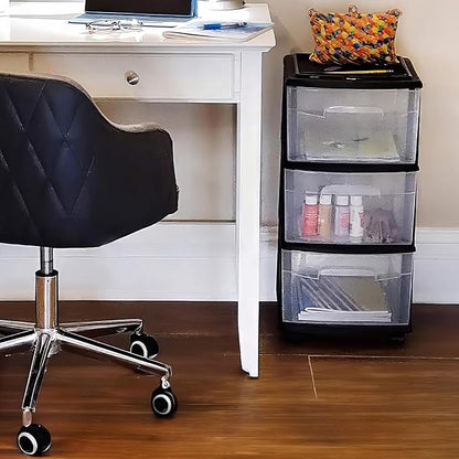 HOMZ 3-Drawer Storage Cart, Plastic Home and Office Organizer, Black Frame