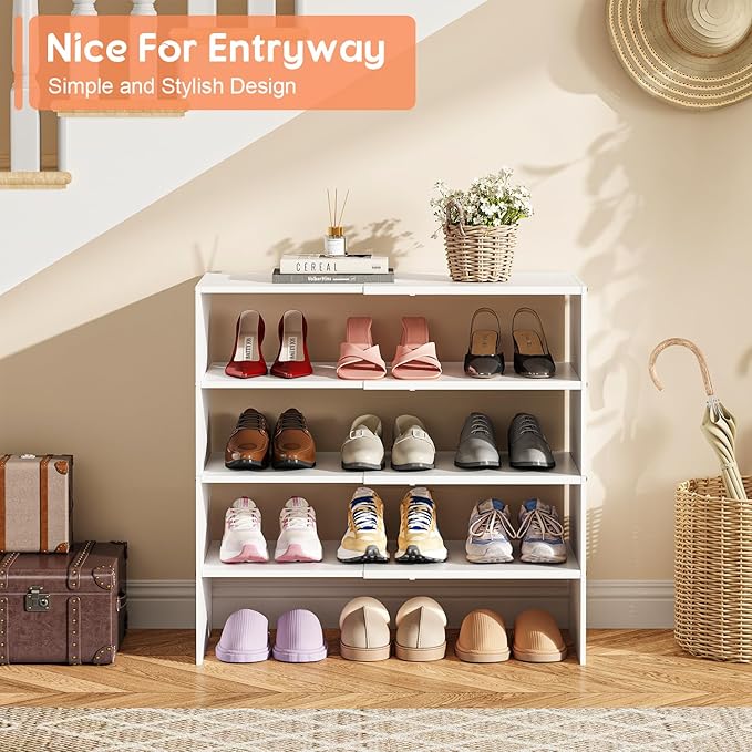 2 Pack Expandable White Shoe Rack Organizer for Closet, 2-Tier Stackable Shoe Storage Shelf, Small Iron Wood Combination Shoe Shelves for Closets,Entryway,Front Door, Narrow Space,Hallway,15-24 Pairs