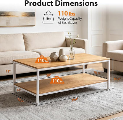 SUPER DEAL 2-Tier Coffee Table with Storage Shelf for Small Apartment Living Room, Rectangle Wood and Stable Metal TV Stand Side End Table, Natural Wood
