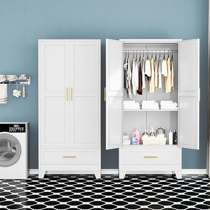 Steel Armoire Wardrobe Closet with 2 Doors, 71" Household Wardrobe Cabinet with Hanging Rod and Drawers, Metal Clothing Storage Cabinet with Adjustable Shelf for Bedroom, Cloak Room, Gym(White)