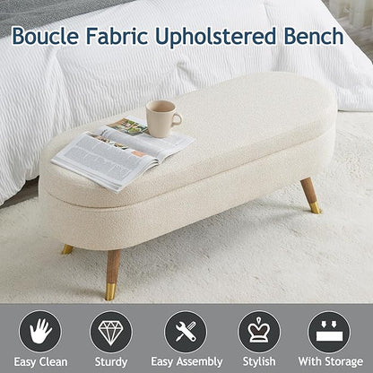 IAFIKE Oval Storage Bench 43.5" Ottoman Bench Upholstered Boucle Fabric Footrest Bench with Golden Metal Legs End of Bed for Bedroom, Living Room, Entryway,Bed Side (Beige)