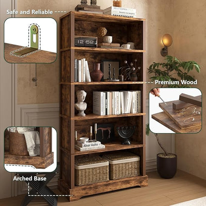 TVU 5-Tier Wooden Bookshelf, 65" Tall Farmhouse Style Open Bookcase, 31.5" W Standing Book Shelf with Storage, Suitable for Study, Living Room, Office, Rustic Brown