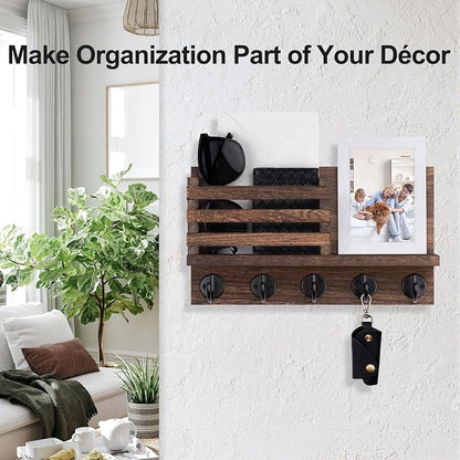 Lwenki Key Holder for Wall – Decorative Wooden Mail Holder and Key Shelf with Mounting Hardware, Installation Guide – Paulownia Wood with Metal Key Hooks (Brown, Large - 11.8inch)