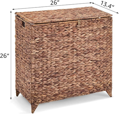 Large Laundry Hamper with Lid, Handwoven Natural Water Hyacinth Heightened Feet Laundry Basket, 2-Sections Wicker Clothes Hamper with Removable Liner Bag (Espresso, 120L)