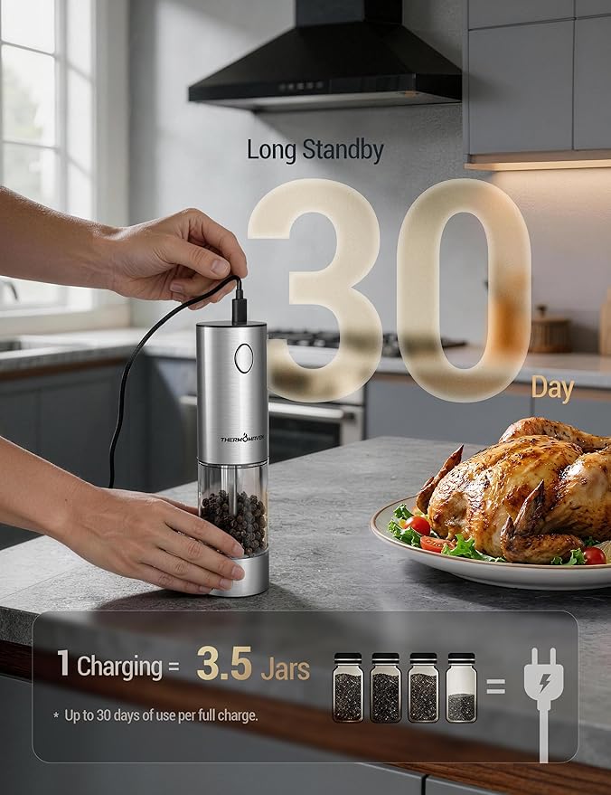 ThermoMaven Electric Salt and Pepper Grinder Set, 110ml Larger Rechargeable Automatic Salt and Pepper Mill Grinder with 6 Adjustable Coarseness, Electric Salt and Pepper Shakers, LED, 2 Packs, Red