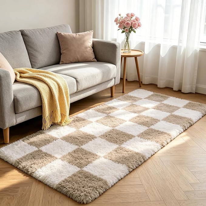 Shag Runner Rug for Bedroom Living Room 3x7 Upgrade Non-Slip Fluffy Soft Bedside Rugs,Beige and White Shaggy Carpet for Livingroom Dorm Home Decor Aesthetic