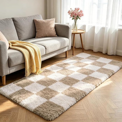 Shag Runner Rug for Bedroom Living Room 3x7 Upgrade Non-Slip Fluffy Soft Bedside Rugs,Beige and White Shaggy Carpet for Livingroom Dorm Home Decor Aesthetic