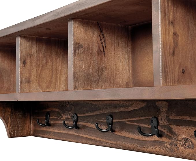 Alaterre Furniture Pomona Entryway Organizer – Rustic Farmhouse 48-Inch Wall-Mounted Coat Rack with 6 Double Hooks & 4 Open Cubbies – Solid Wood Mudroom Storage for Entryway or Hallway (Rustic Brown)