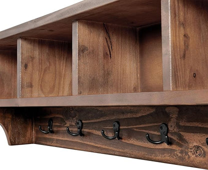 Alaterre Furniture Pomona Entryway Organizer – Rustic Farmhouse 48-Inch Wall-Mounted Coat Rack with 6 Double Hooks & 4 Open Cubbies – Solid Wood Mudroom Storage for Entryway or Hallway (Rustic Brown)