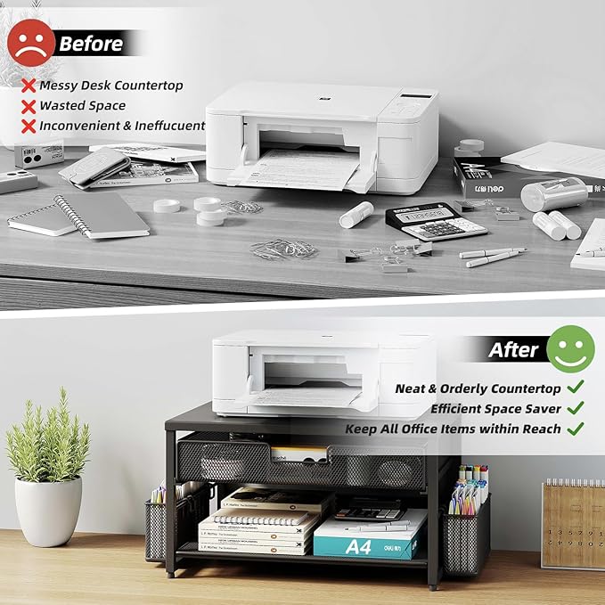 Metal Desktop Printer Stand with Storage Drawer & 2 Pen Holders,2 Tier Home Printer Riser Shelf for Desk with Paper Holder Storage,Multi-Purpose Office Desk Organizer