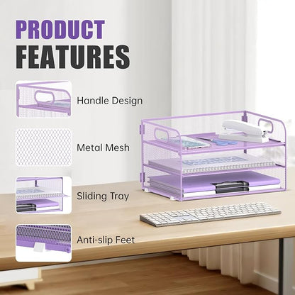DALTACK 3 Tier Paper Organizer with Handle, Mesh Metal Desk Organizer with Sliding Paper Trays for Letter/A4 Paper, Mail, Bills & Folders, Purple