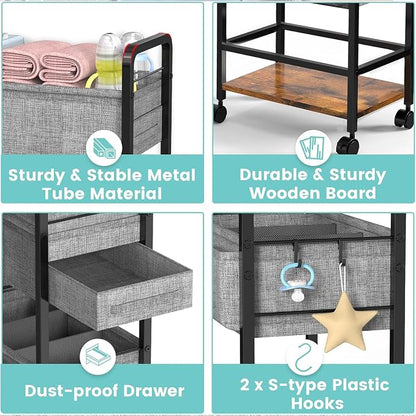 LIDTOP 2In1 Baby Diaper Caddy & 4-Tier Rolling Diaper Cart, Diaper Caddy Organizer Cart with Dividers & Drawer, Mobile Metal Bedside Cart for Nursery Essentials Storage, Large Capacity