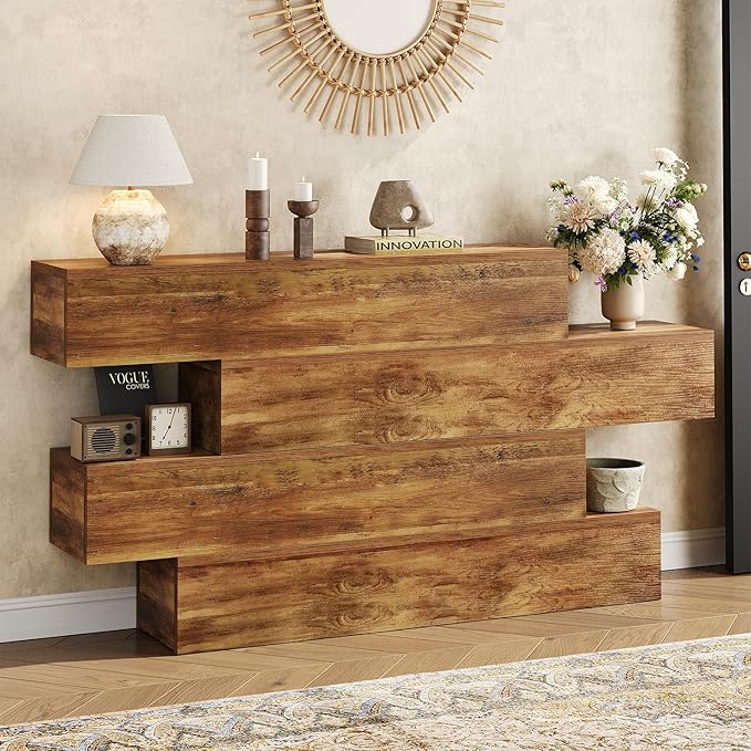 63" Long Farmhouse Console Table for Entryway, Modern Wooden Sofa Table Behind Couch, 4-Tier Storage Entry Table Hallway Table for Living Room, Unique Design Rustic Foyer Table, Walnut