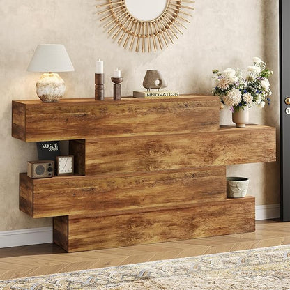 63" Long Farmhouse Console Table for Entryway, Modern Wooden Sofa Table Behind Couch, 4-Tier Storage Entry Table Hallway Table for Living Room, Unique Design Rustic Foyer Table, Walnut