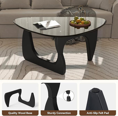 Modern Glass Coffee Table, Triangle Center Table with Tempered Glass Top& Unique Wooden Base, 35.5” Mid Century Tea Tables for Living Room, Apartment, Office,Black & Grey