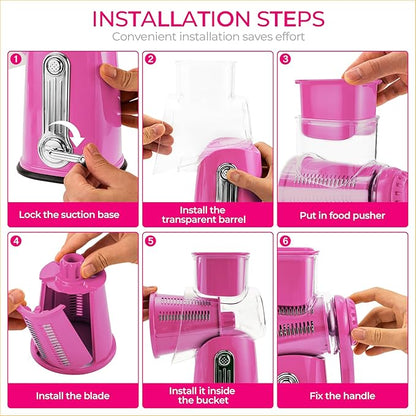 SUSTEAS Rotary Cheese Grater with Handle - Vegetable Shredder with 5 Well-designed Blades & Strong Suction Base,Round Mandoline Slicer & Food Chopper for Kitchen,with Blade Storage Box(Pink)