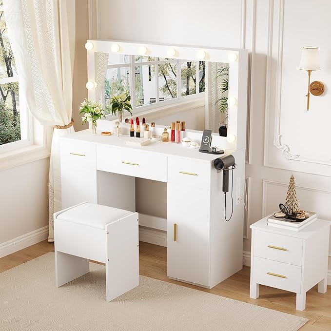 IDEALHOUSE Makeup Vanity Desk with Mirror and Lights, Modern White Vanity Table with Drawers, Charging Station & Storage Stool, Wood Make Up Vanity Set for Bedroom Apartment