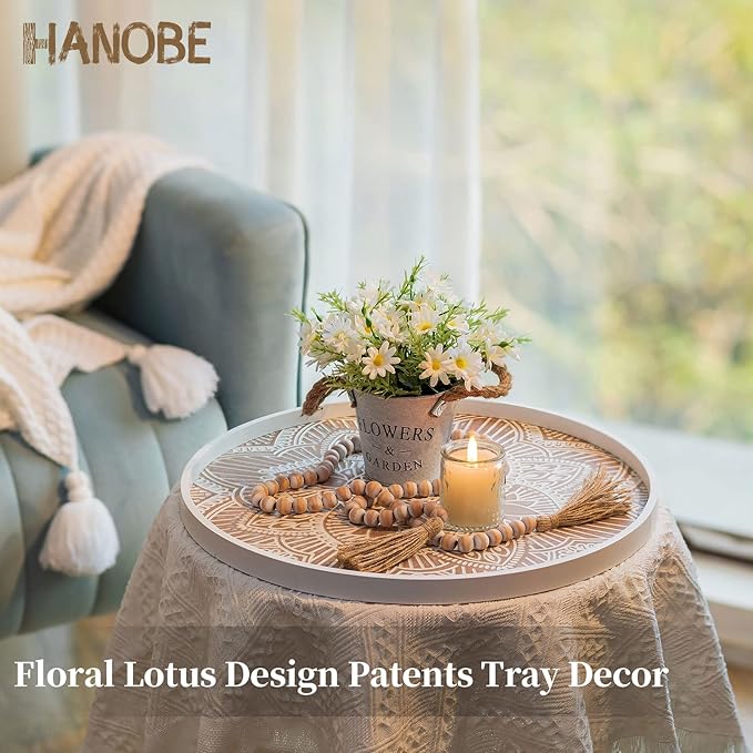 Hanobe Large Round Decorative Tray: Boho Coffee Table Trays Centerpiece for Home Decor - Farmhouse White Washed Rustic Serving for Women Kitchen Counter Ottoman
