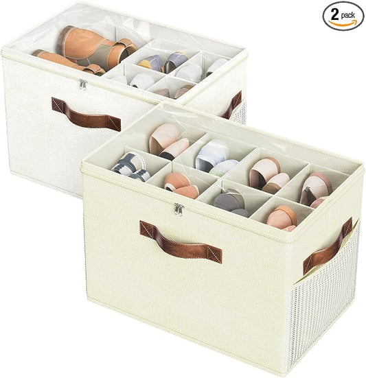 Budding Joy 2 Pack Shoe Organizer for Closet, Clear Foldable Shoe Storage Containers Adjustable Dividers Fits 16 Pairs,Shoe Storage Bins Baskets Boxes with Reinforced Handles Beige Yellow Beige