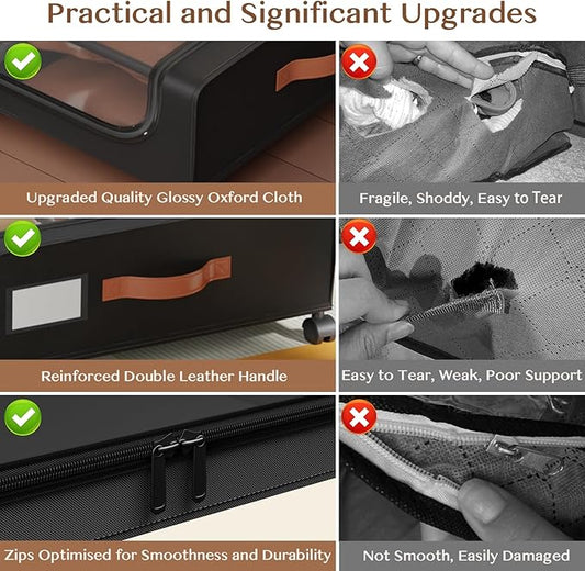 Under Bed Storage with Wheels, UnderBed Storage Containers with Clear Lid and Handles, XXL 60L Under the Bed Storage Bins Drawers for Clothes,Blankets,Shoes,Books (BLACK, 2 PACK)